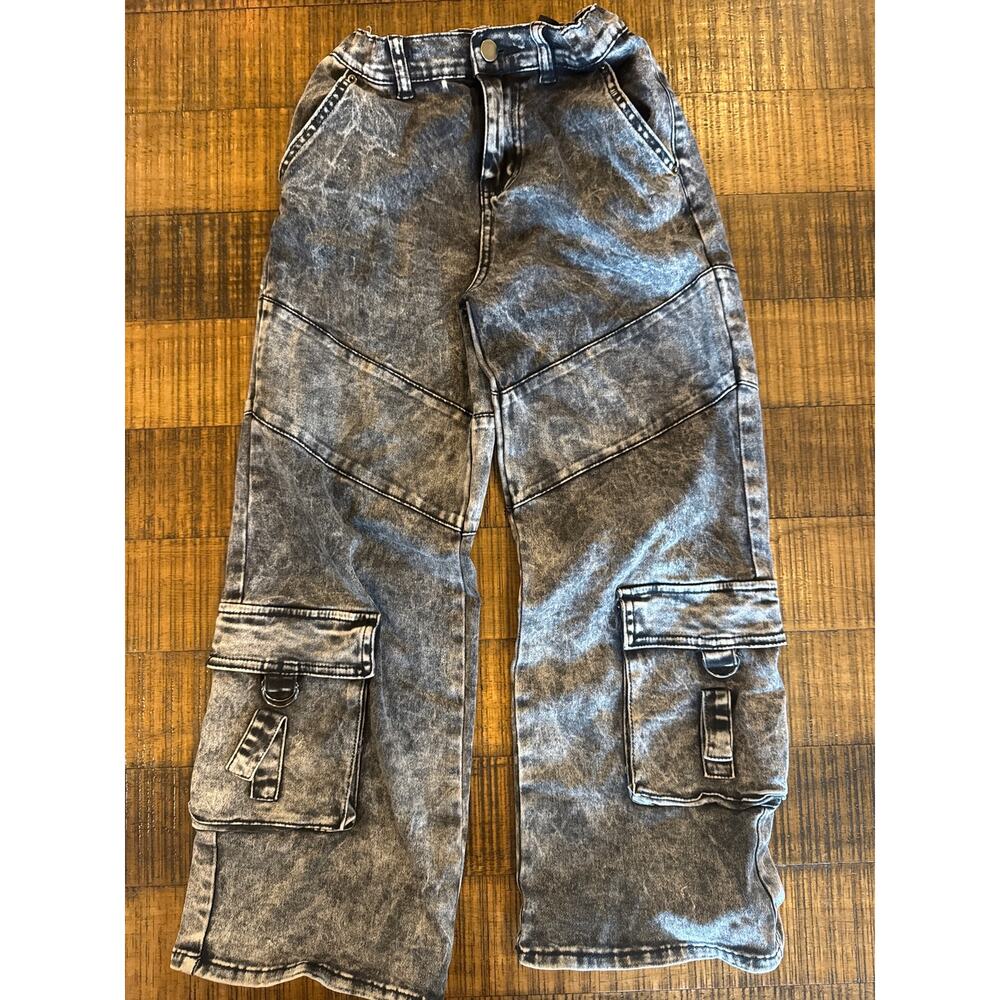 Girls' Hip Hop Black Denim Cargo Jeans, 100% Cotton, Size 7/8
